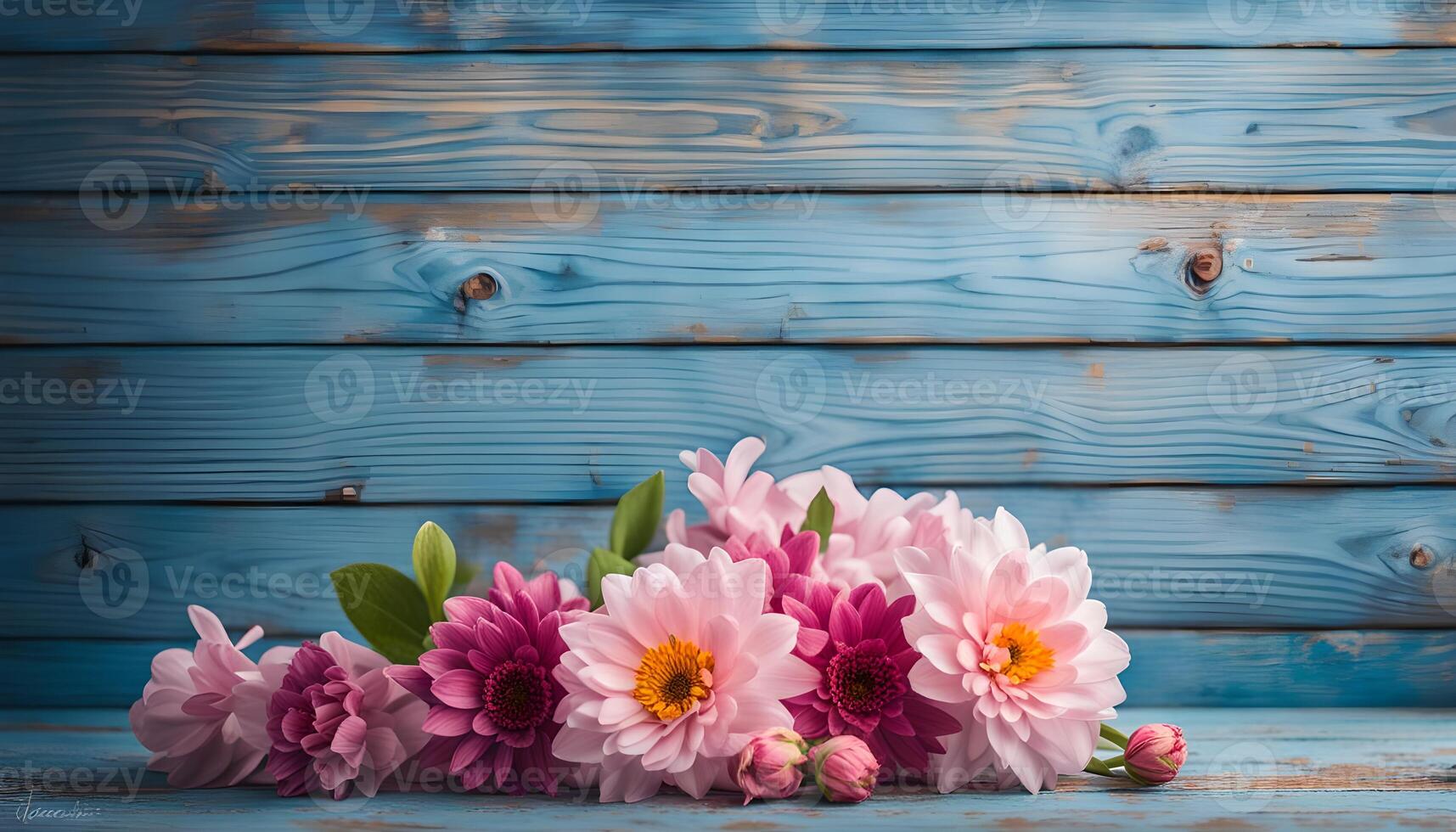 ai gegenereerd mooi bloemen Aan blauw houten achtergrond foto