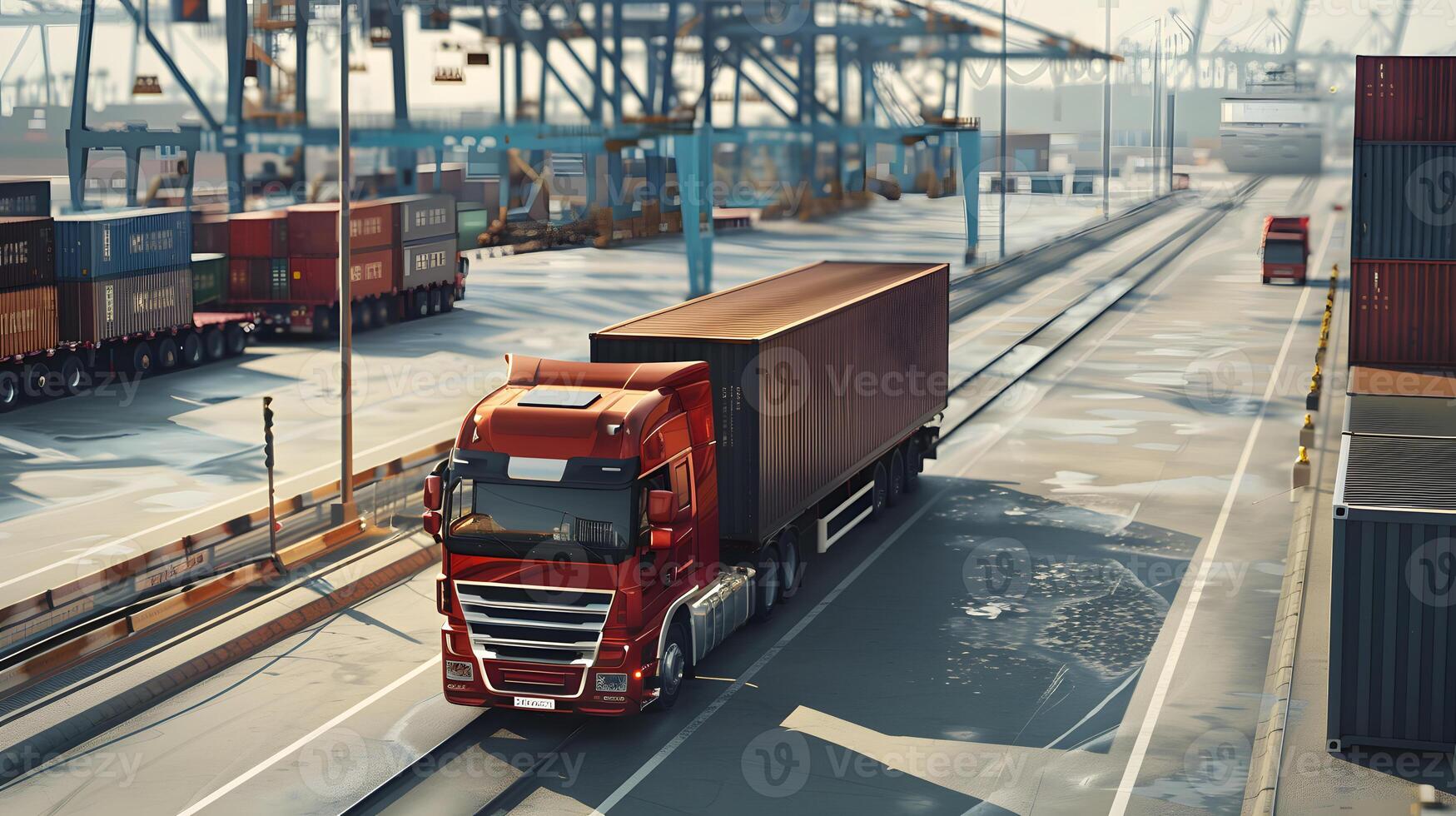 ai gegenereerd vrachtauto aanhangwagen Aan de pier in de lading haven terminal met kranen en containers. ai gegenereerd foto