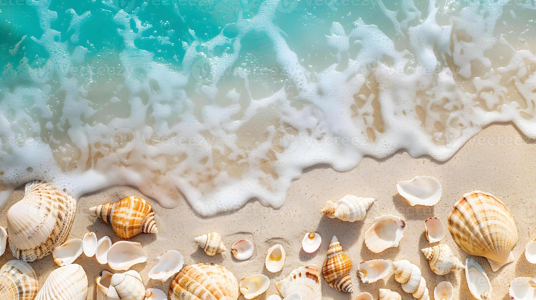 ai gegenereerd azuur kust van de oceaan met palm bomen, zand, surfen en schelpen. ai gegenereerd foto