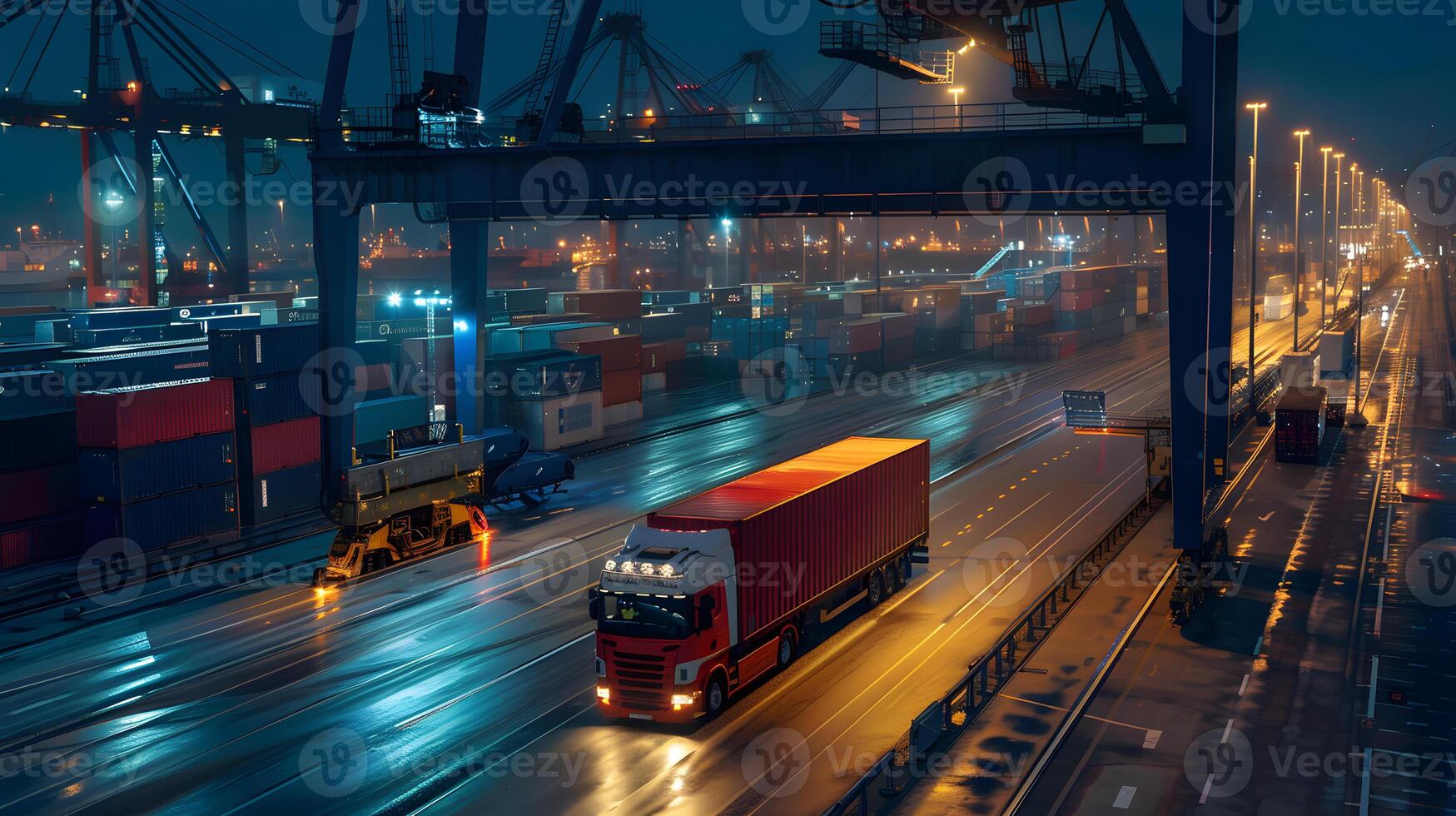 ai gegenereerd vrachtauto aanhangwagen Aan de pier in de lading haven terminal met kranen en containers. ai gegenereerd foto