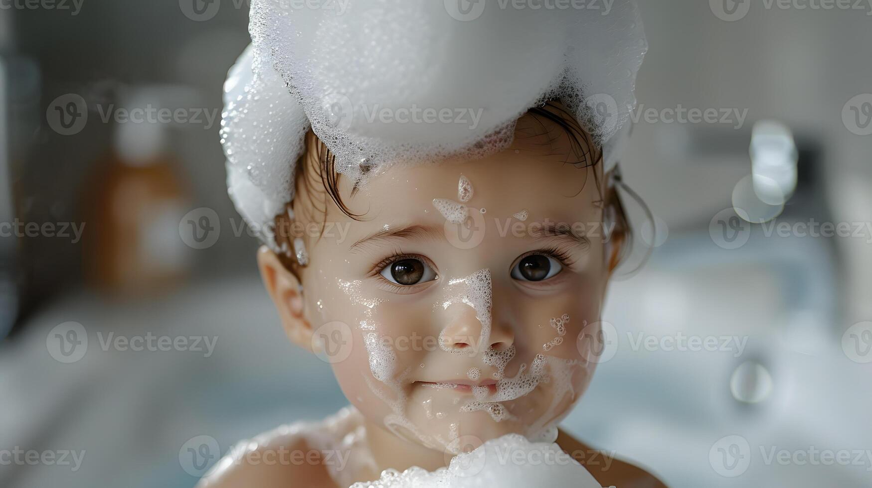 ai gegenereerd een schattig weinig kind met weinig schuim Aan zijn hoofd. ai gegenereerd foto