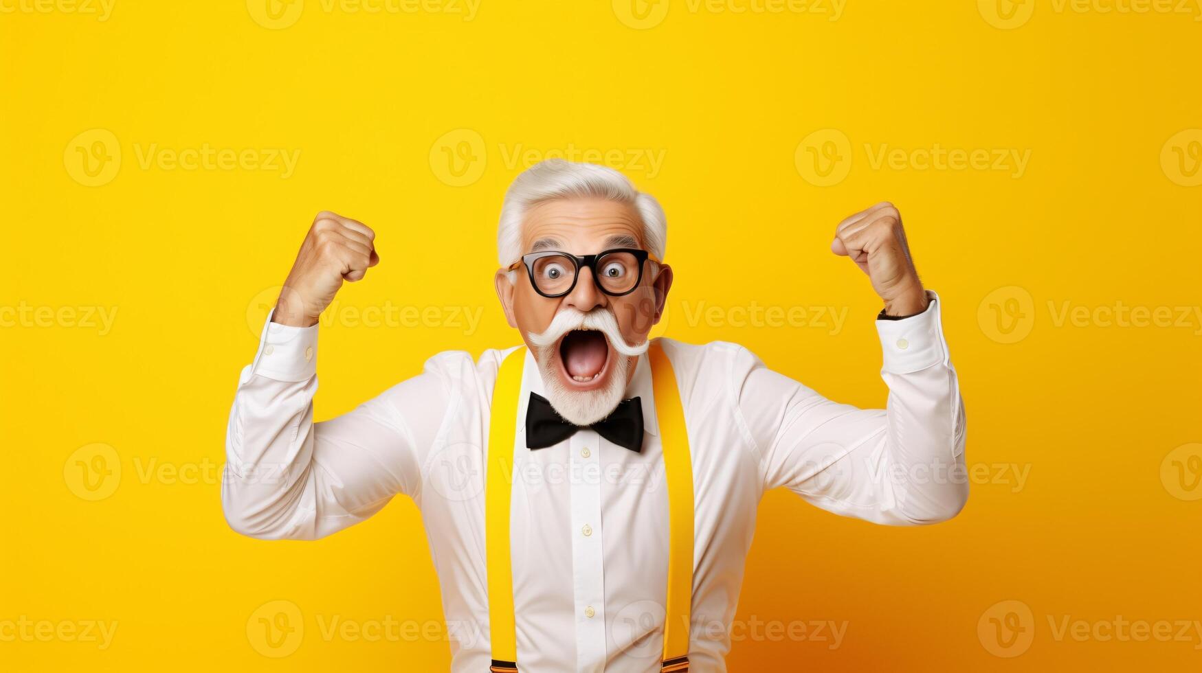ai gegenereerd ouderen excentriek zilverharig Mens met een snor en baard, vervelend een wit overhemd en boog binden, poseren tegen een geel achtergrond in een studio met kamer voor tekst foto