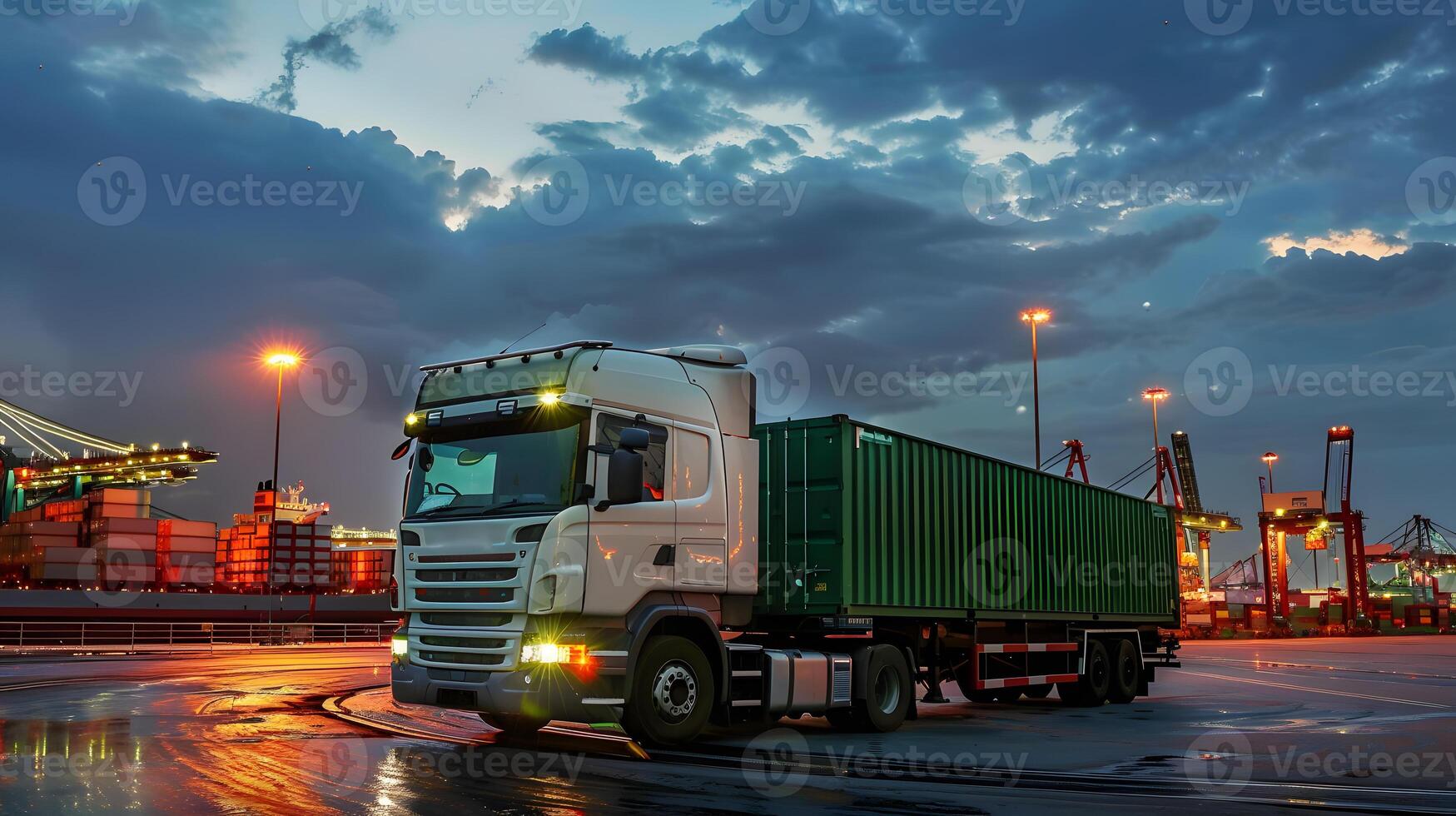 ai gegenereerd vrachtauto aanhangwagen Aan de pier in de lading haven terminal met kranen en containers. ai gegenereerd foto