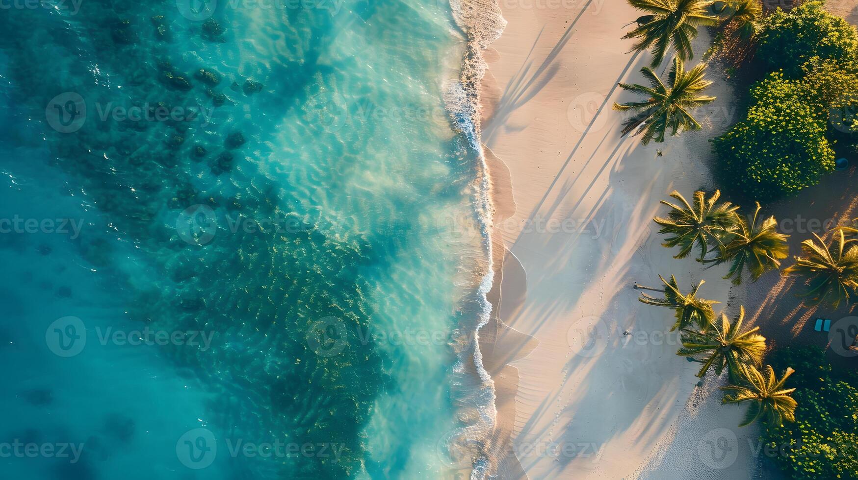 ai gegenereerd azuur kust van de oceaan met palm bomen, zand, surfen en schelpen. ai gegenereerd foto
