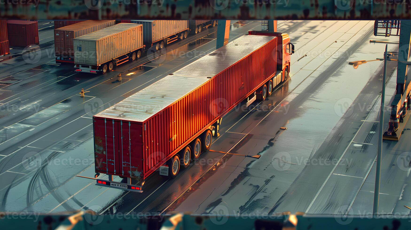 ai gegenereerd vrachtauto aanhangwagen Aan de pier in de lading haven terminal met kranen en containers. ai gegenereerd foto