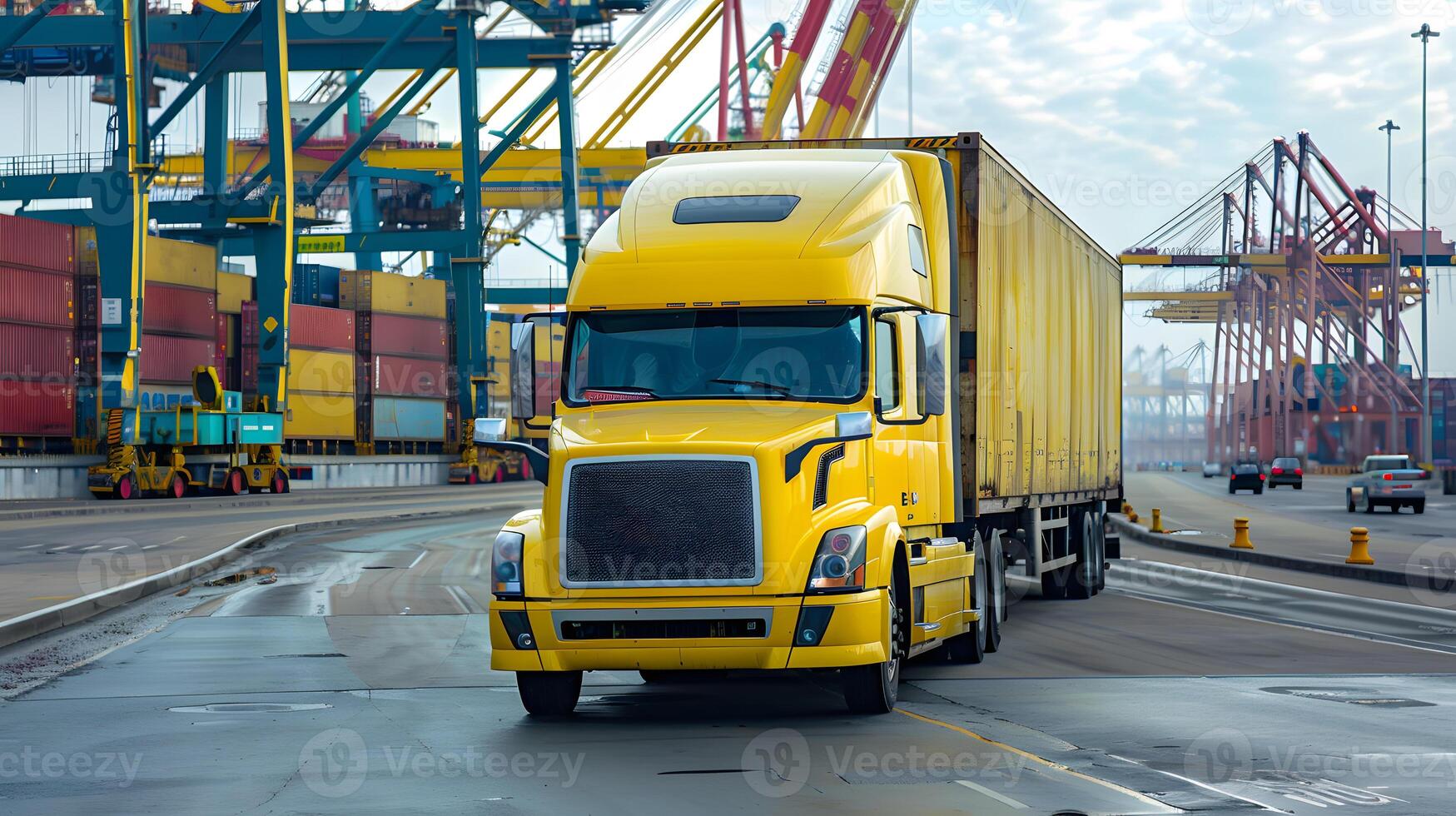 ai gegenereerd vrachtauto aanhangwagen Aan de pier in de lading haven terminal met kranen en containers. ai gegenereerd foto