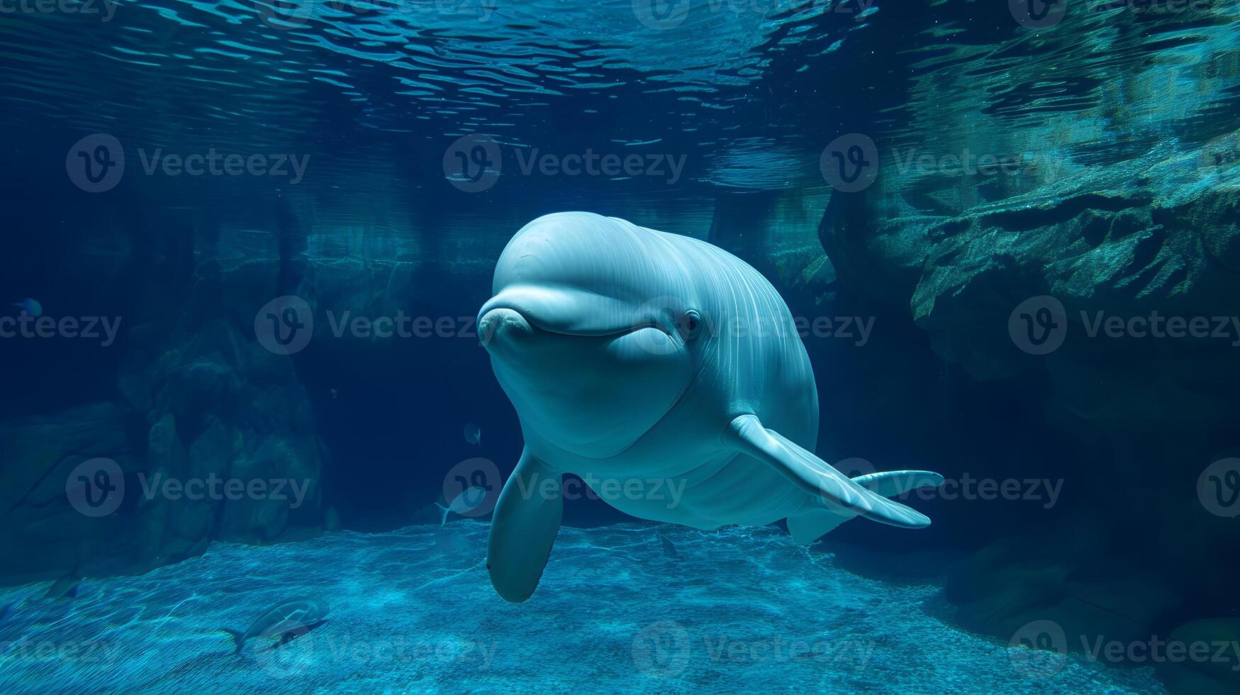 ai gegenereerd vriendelijk beluga walvis onderwater- met licht reflecties oceaan dieren in het wild foto