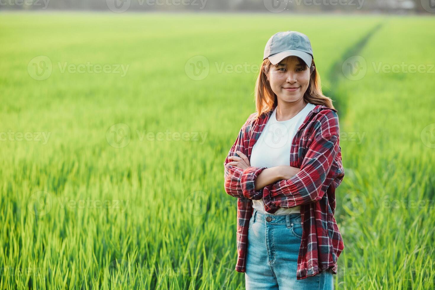 vrouw boer staat met gevouwen armen in de weelderig groen rijst- velden gedurende zonsondergang. foto