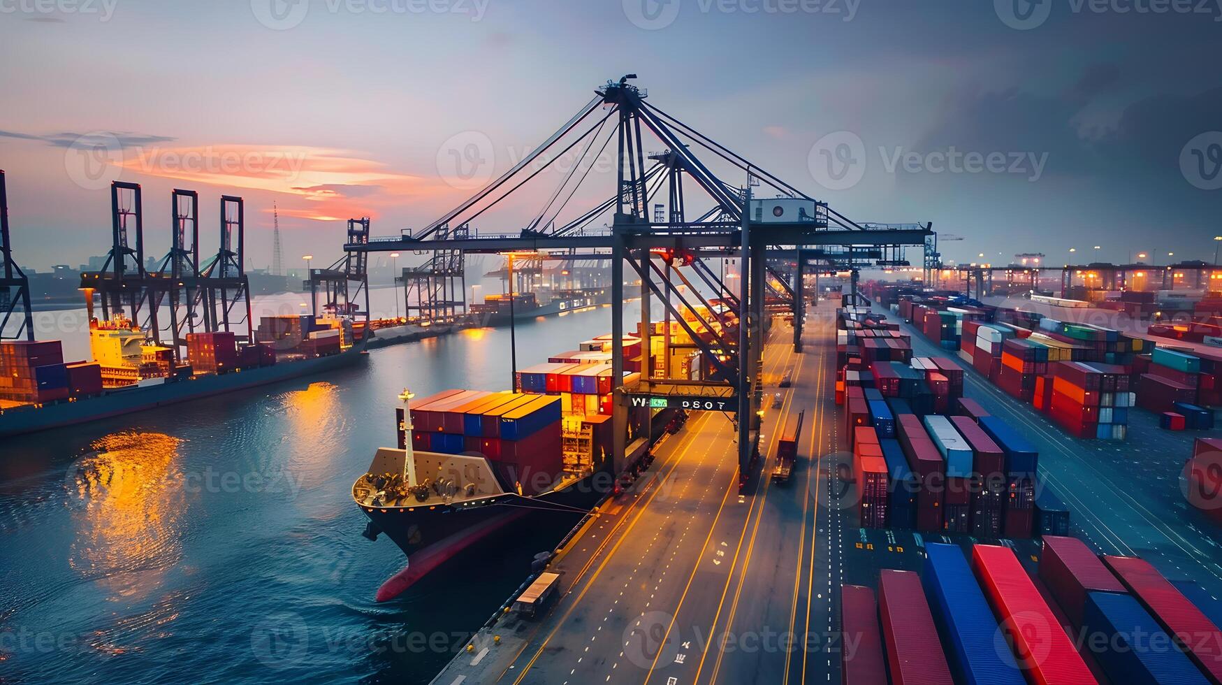 ai gegenereerd een schip voor vervoeren lading containers en ook lossen het Bij de dokken van een lading haven. ai gegenereerd foto