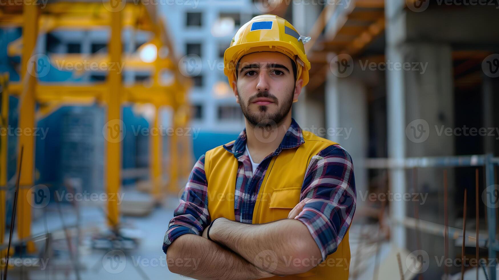 ai gegenereerd een Mens, een arbeider, een bouwer door beroep, in een uniform en een helm. ai gegenereerd foto