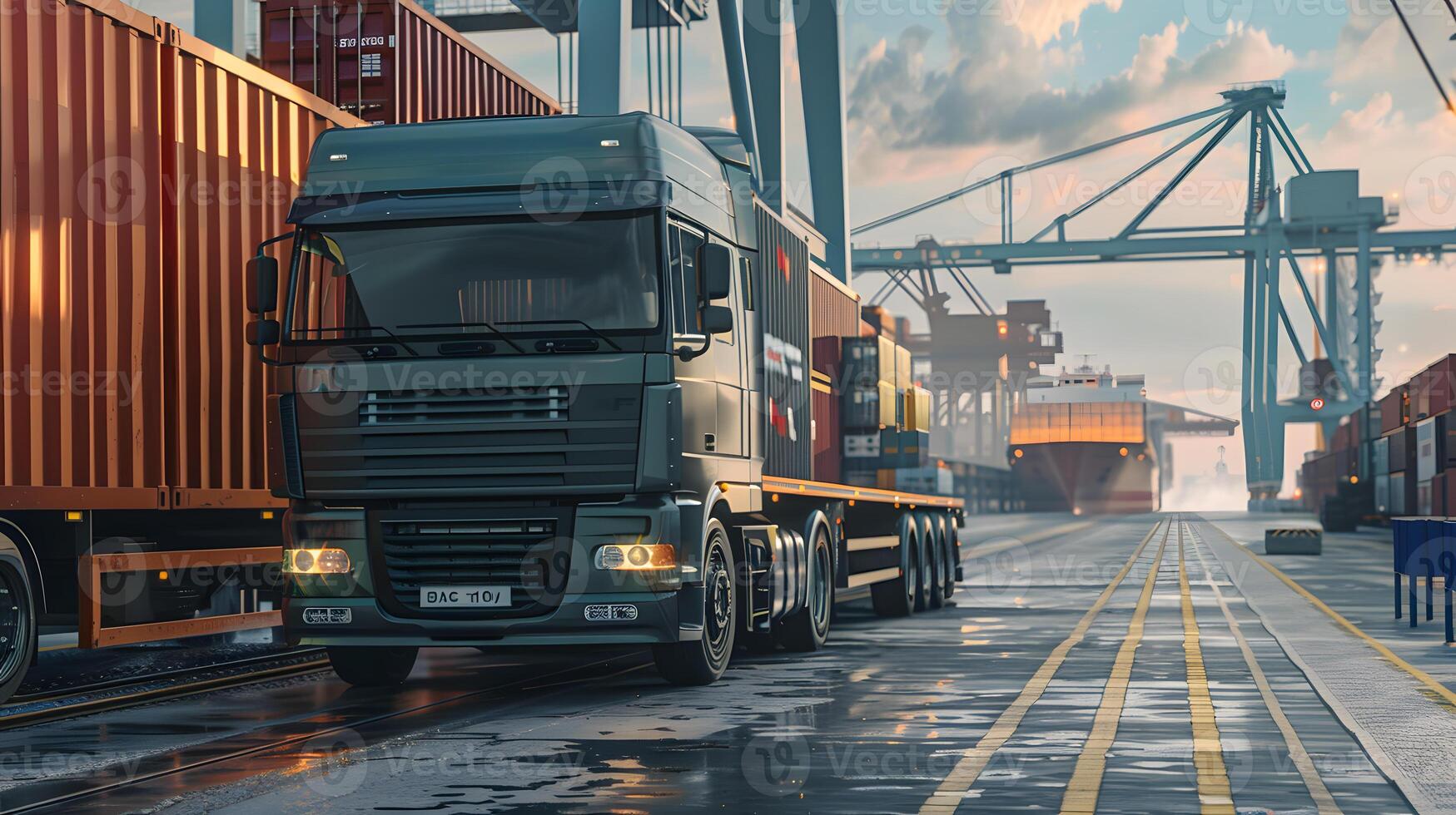 ai gegenereerd vrachtauto aanhangwagen Aan de pier in de lading haven terminal met kranen en containers. ai gegenereerd foto