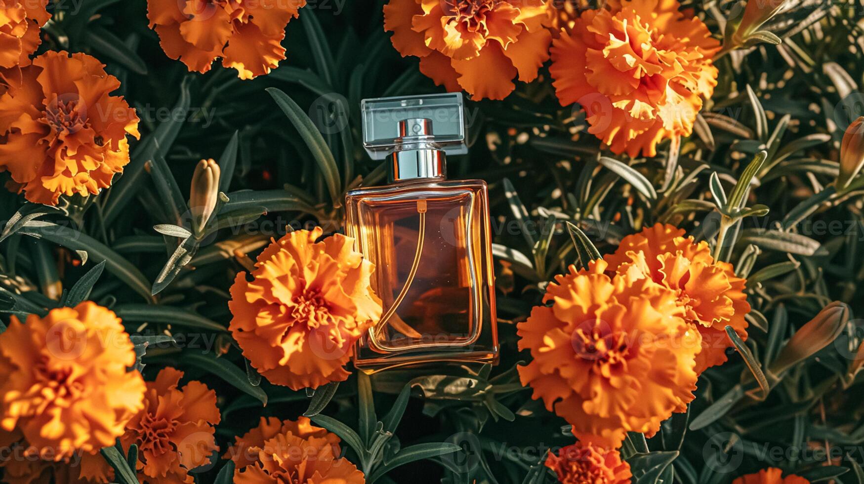 ai gegenereerd parfum fles in bloemen, geur Aan bloeiend achtergrond, bloemen geur en kunstmatig Product foto