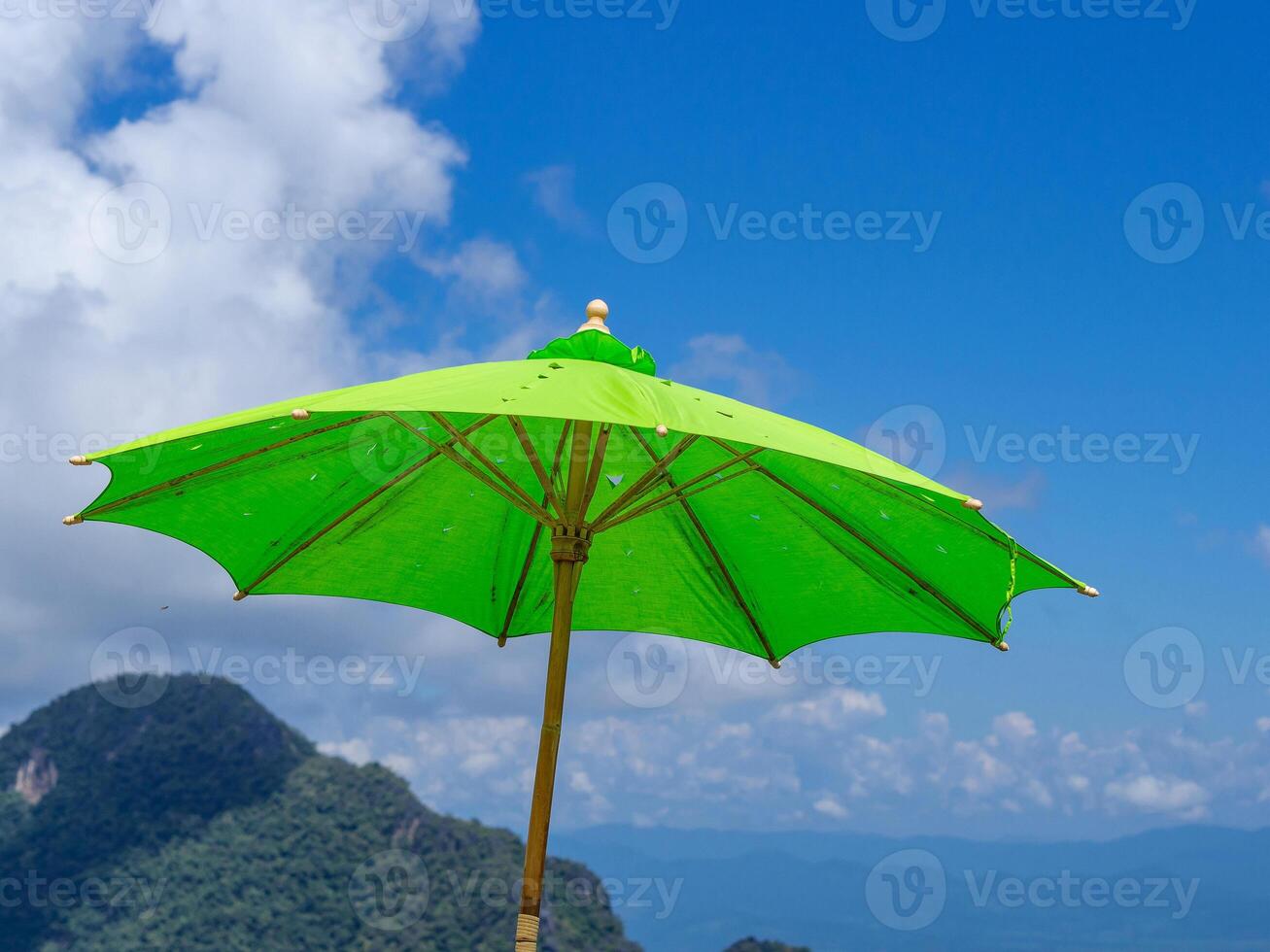 detailopname van een groen groot paraplu Aan mooi blauw lucht en berg achtergrond foto