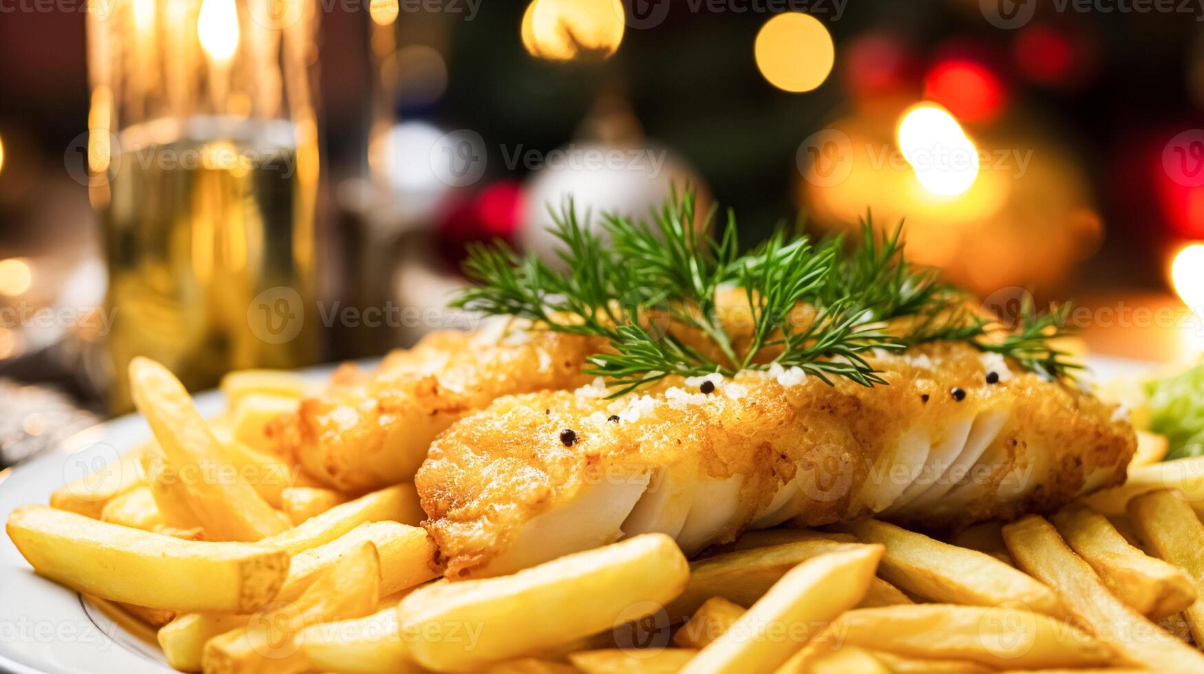 ai gegenereerd vis en chips voor winter vakantie diner, traditioneel Brits keuken recept in Engels land huis, vakantie viering en eigengemaakt voedsel foto