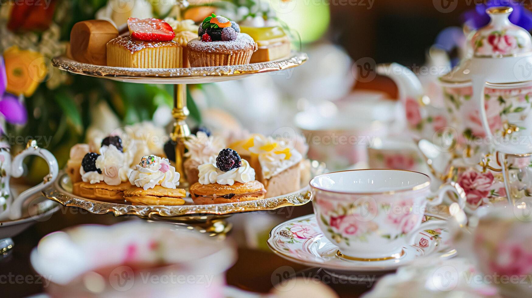 ai gegenereerd verrukkelijk middag thee met cakes en gebakjes foto