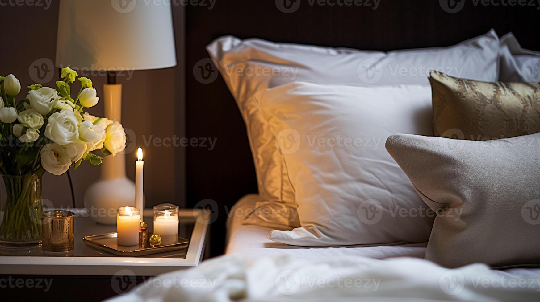 ai gegenereerd modern huisje avond slaapkamer decor, interieur ontwerp en huis decor, bed met elegant bed linnen beddengoed en lamp in Engels land huis, vakantie verhuur en huisje stijl foto