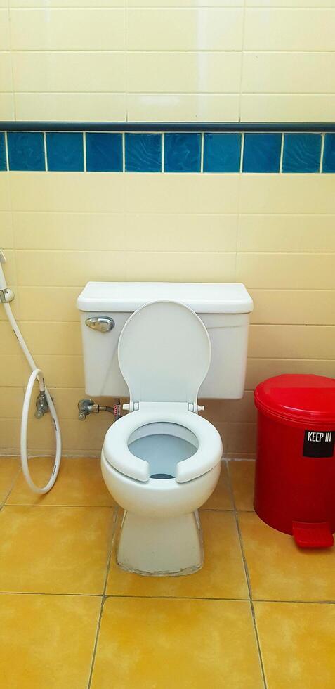 doorspoelen toilet met rood uitschot kan Aan geel tegel in badkamer, toilet. openbaar wasruimte en schoon kamer. ontwerp en keramisch voorwerp foto