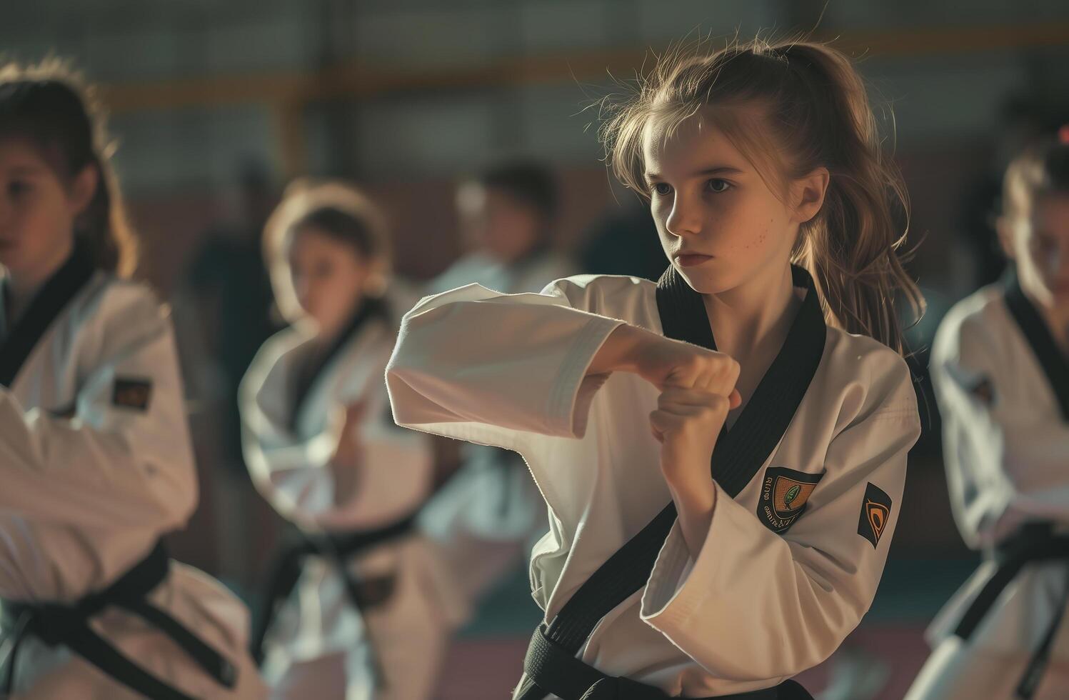 ai gegenereerd een jong meisje praktijken karate of taekwondo krijgshaftig kunsten. generatief ai. foto