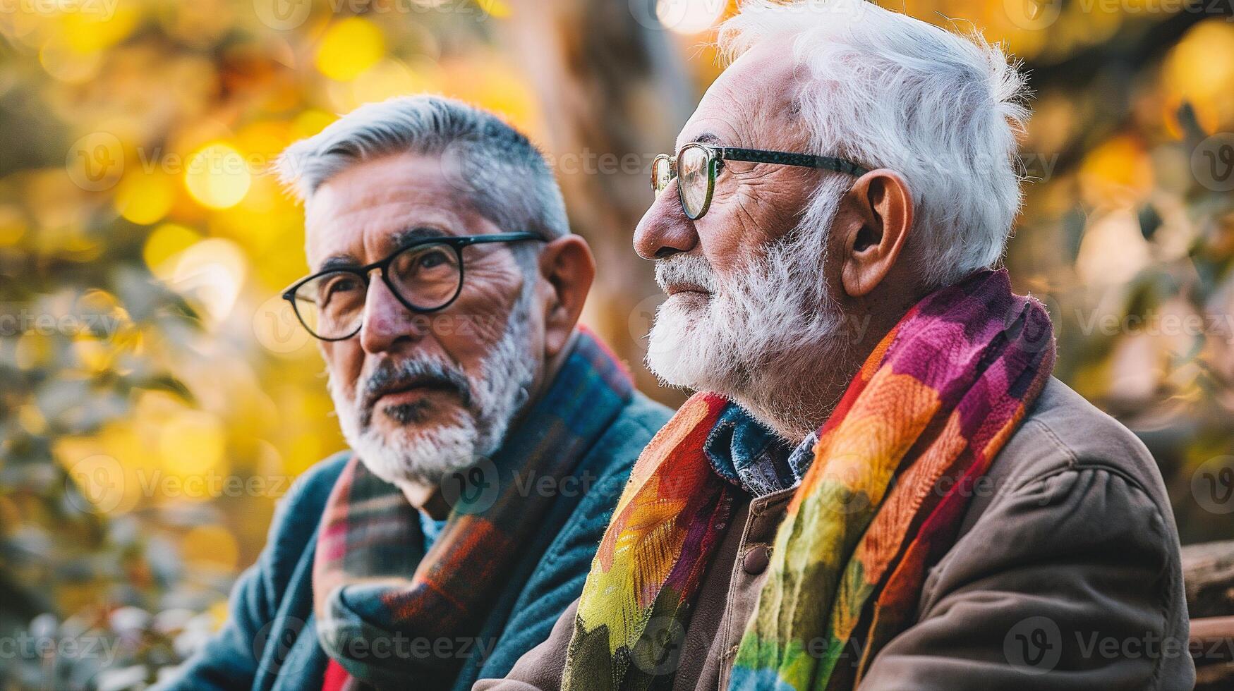ai gegenereerd twee senior mannen wandelen in de park in herfst tijd. ouderen mensen levensstijl concept. foto