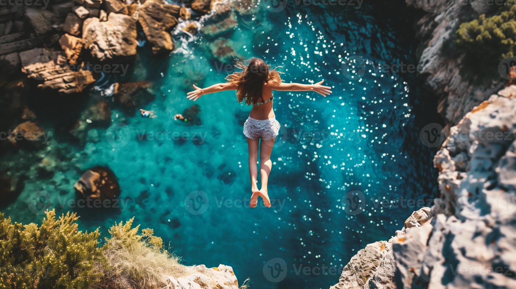 ai gegenereerd jong vrouw jumping in de zee van de klif. visie van bovenstaande. foto