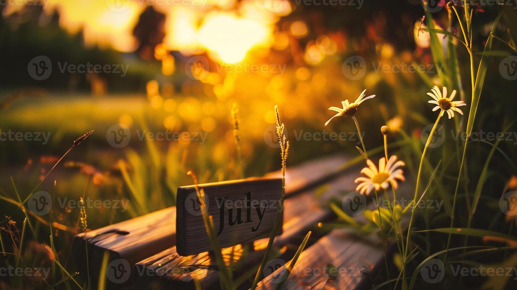 ai gegenereerd zonsondergang in de weide met madeliefjes en houten bank foto