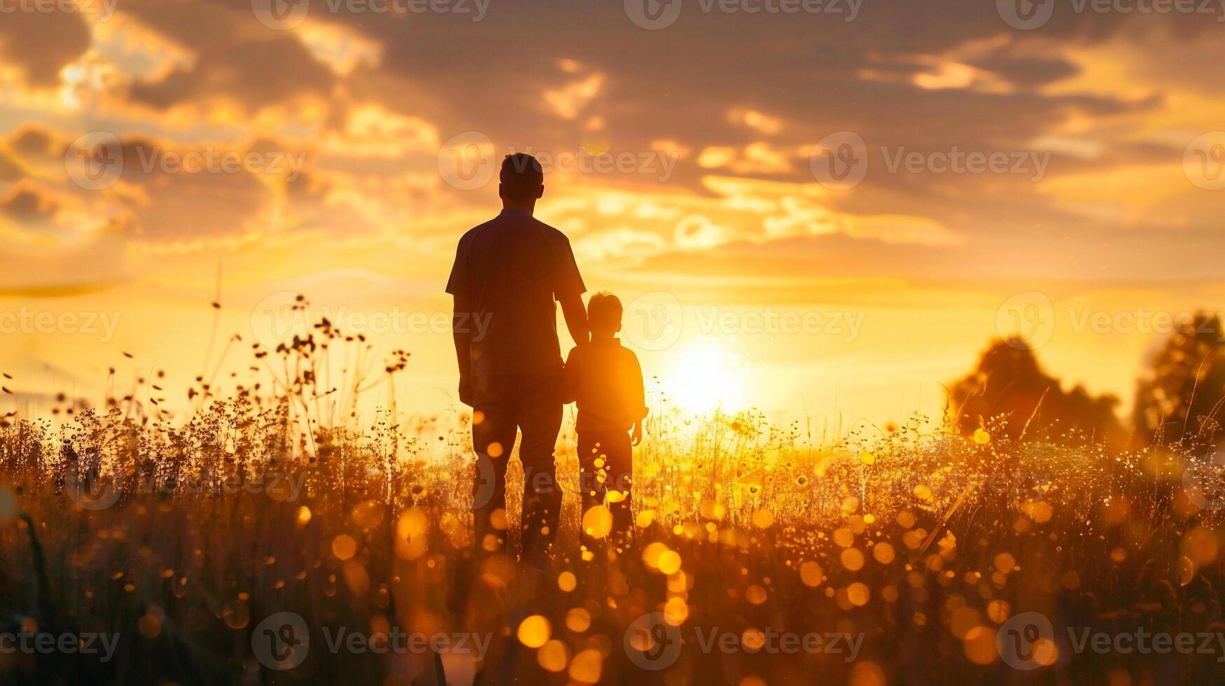 ai gegenereerd vader en zoon wandelen Aan bloem veld- Bij zonsondergang. concept van vriendelijk familie. foto