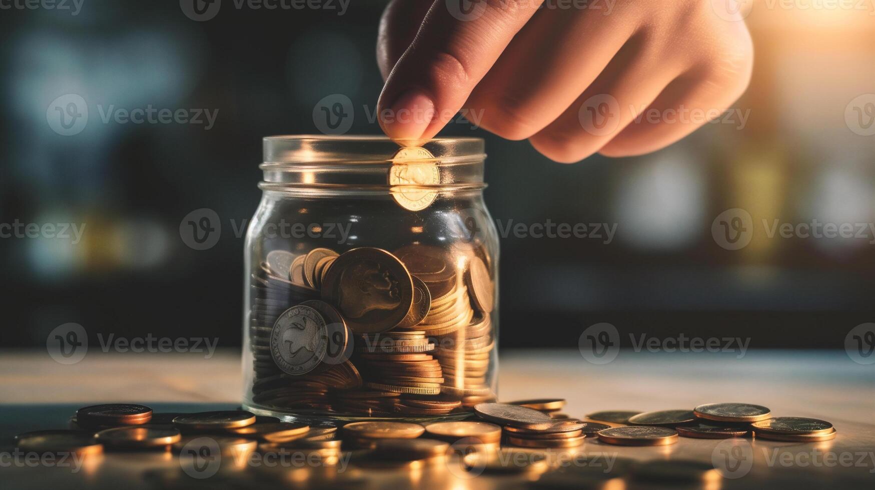 ai gegenereerd Mens hand- zetten munt in glas pot voor opslaan geld en account bank voor financiën bedrijf concept foto