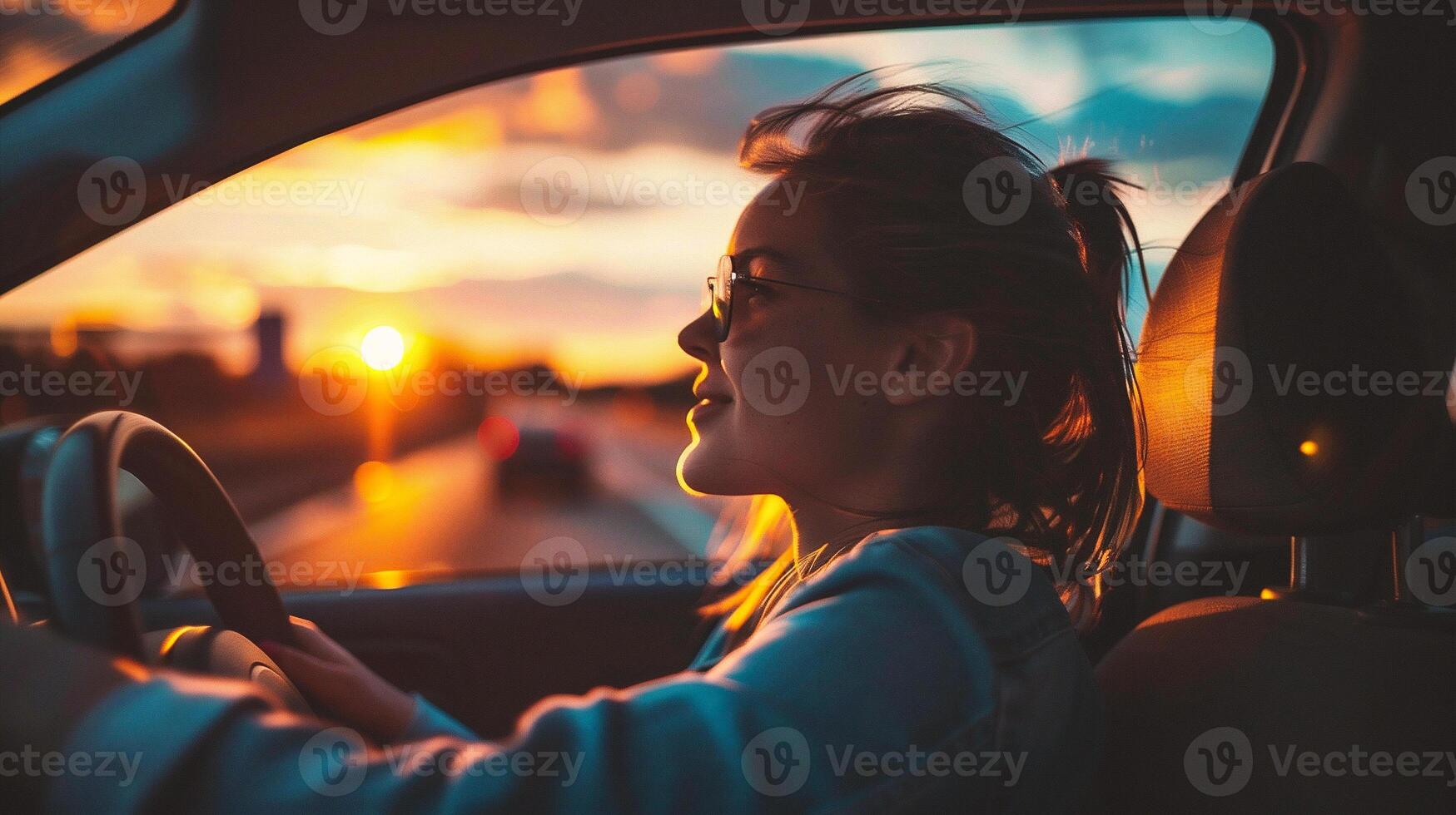 ai gegenereerd jong vrouw het rijden een auto Bij zonsondergang. kant visie van een meisje het rijden een auto Bij zonsondergang. foto