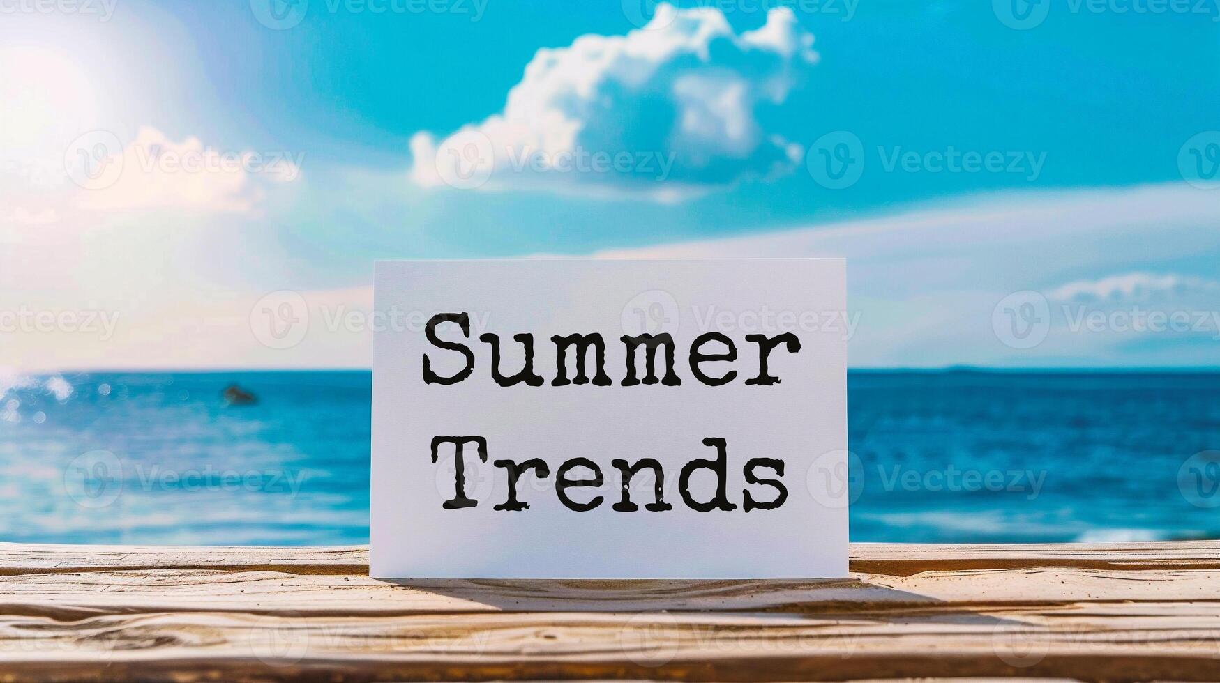 ai gegenereerd zomer trends tekst Aan wit papier Aan houten tafel met zee achtergrond foto