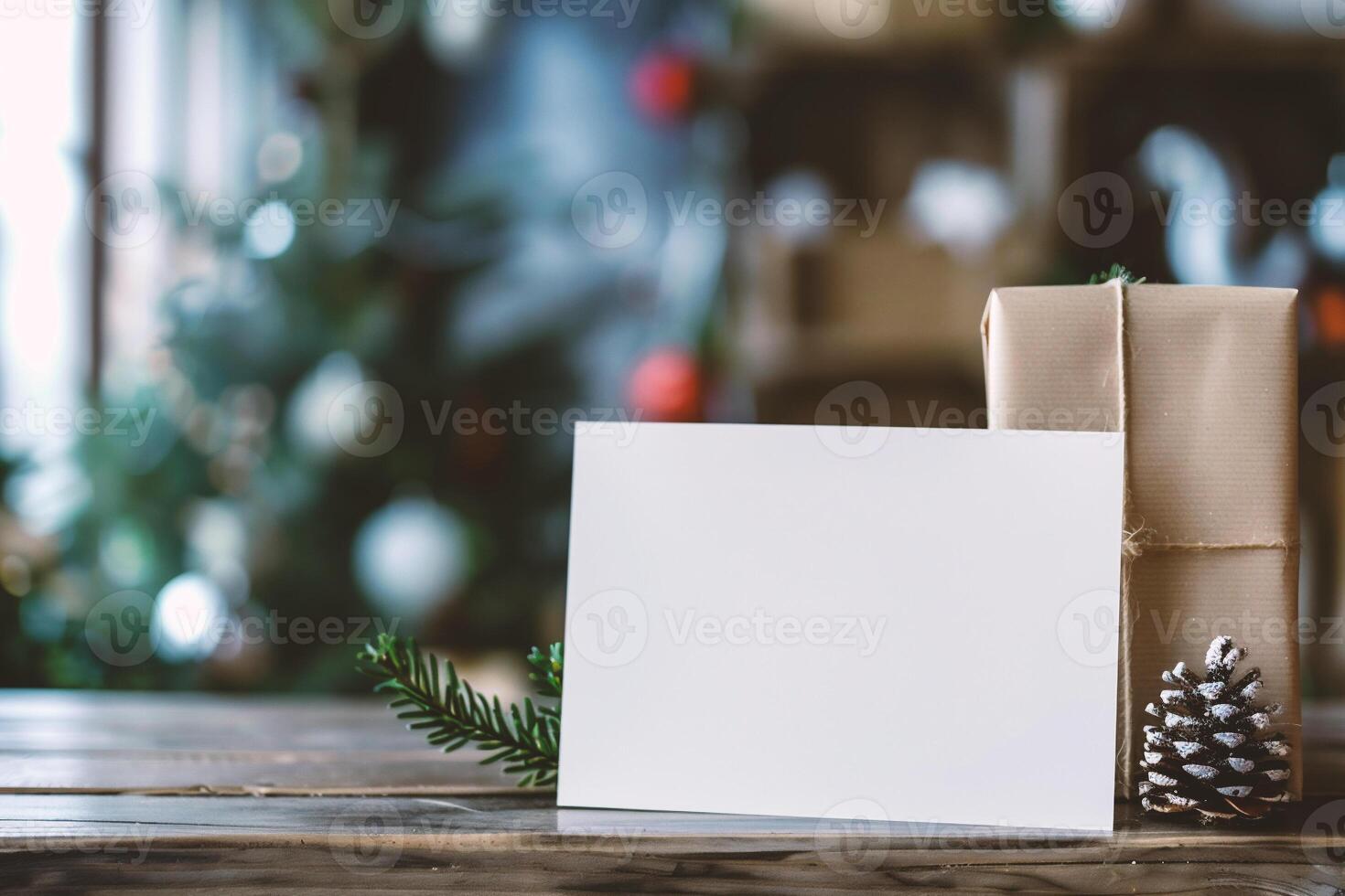 ai gegenereerd Kerstmis groet kaart mockup met Kerstmis boom en presenteert Aan houten tafel foto