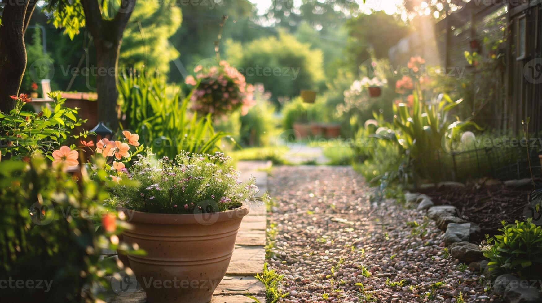 ai gegenereerd kleurrijk bloembed in de tuin Bij zonsondergang. mooi zomer landschap. foto