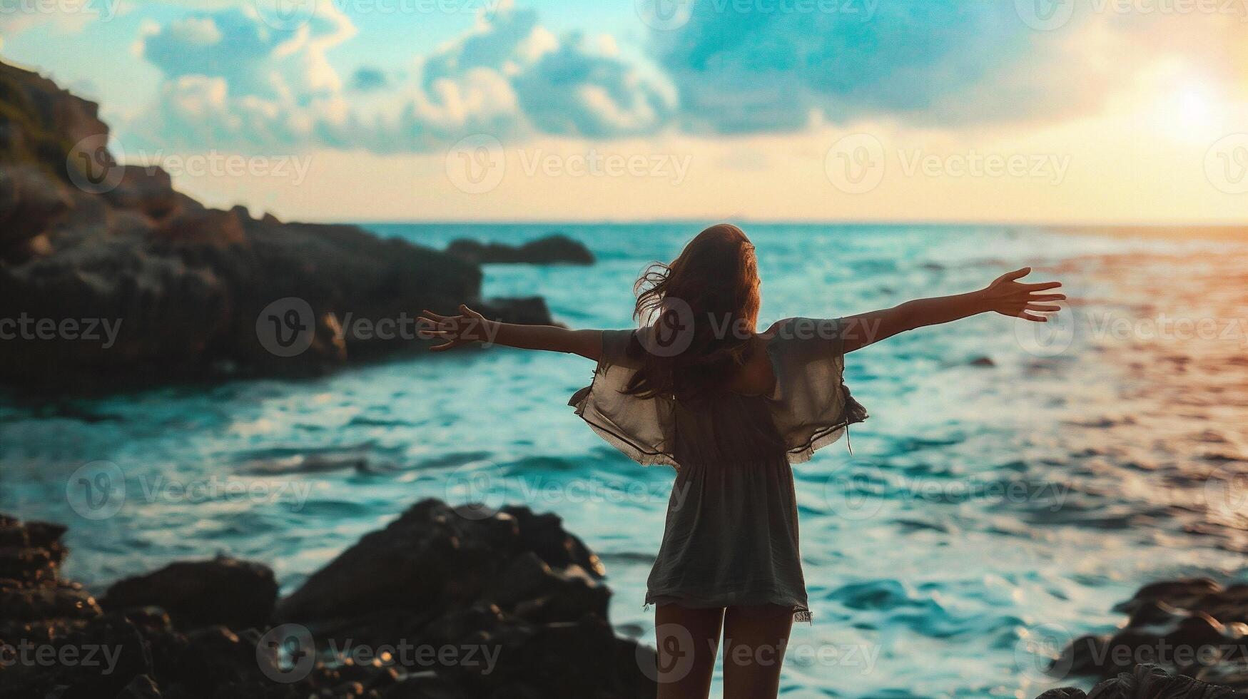 ai gegenereerd jong vrouw met armen uitgestrekt staand Aan een rots door de zee foto