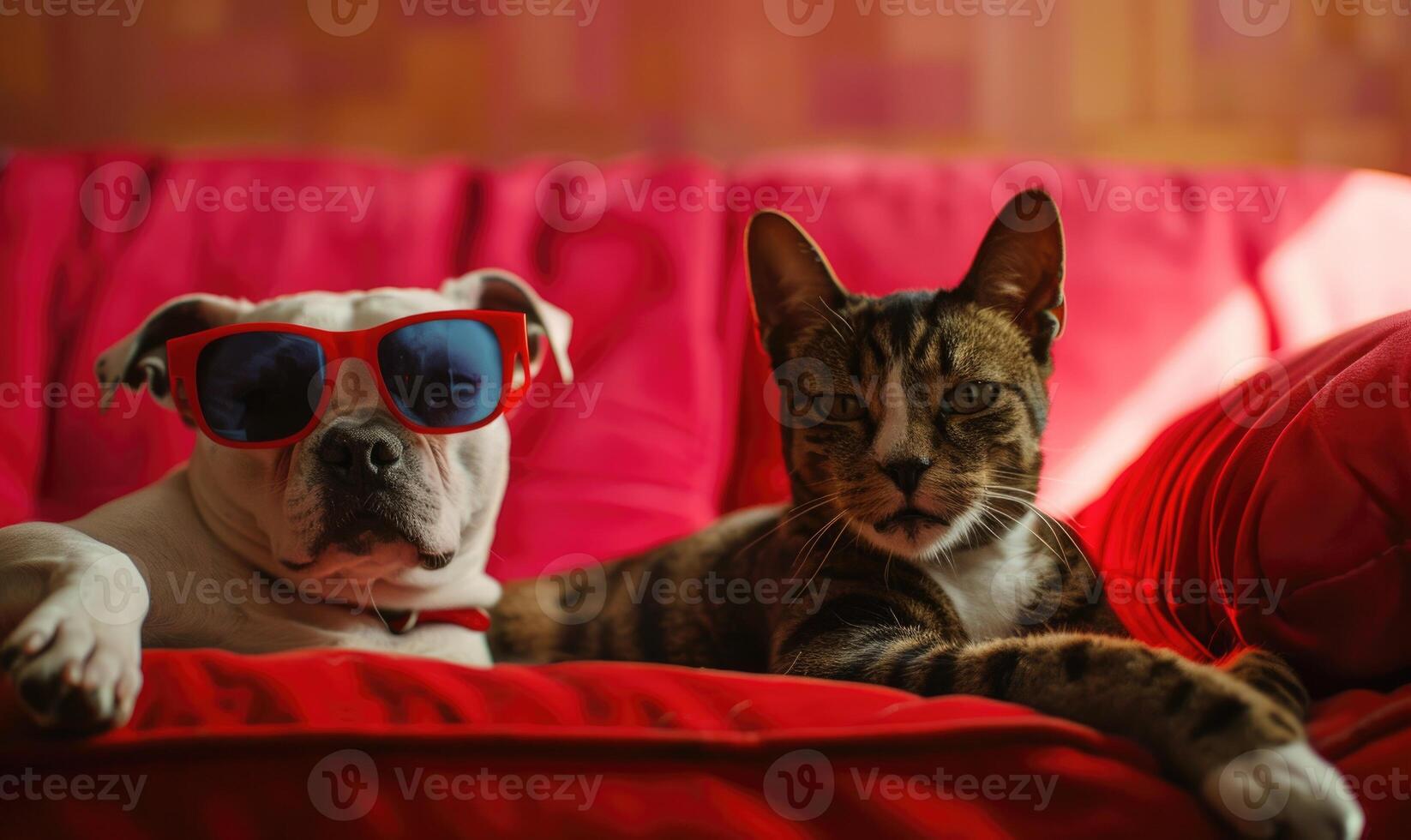 ai gegenereerd kat en hond met zonnebril aan het liegen Aan sofa in leven kamer Bij huis foto