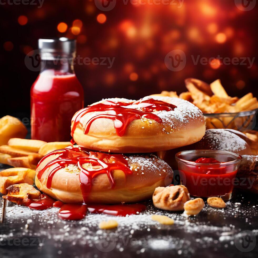 ai gegenereerd bakkerij voedsel met ketchup mooi achtergrond foto