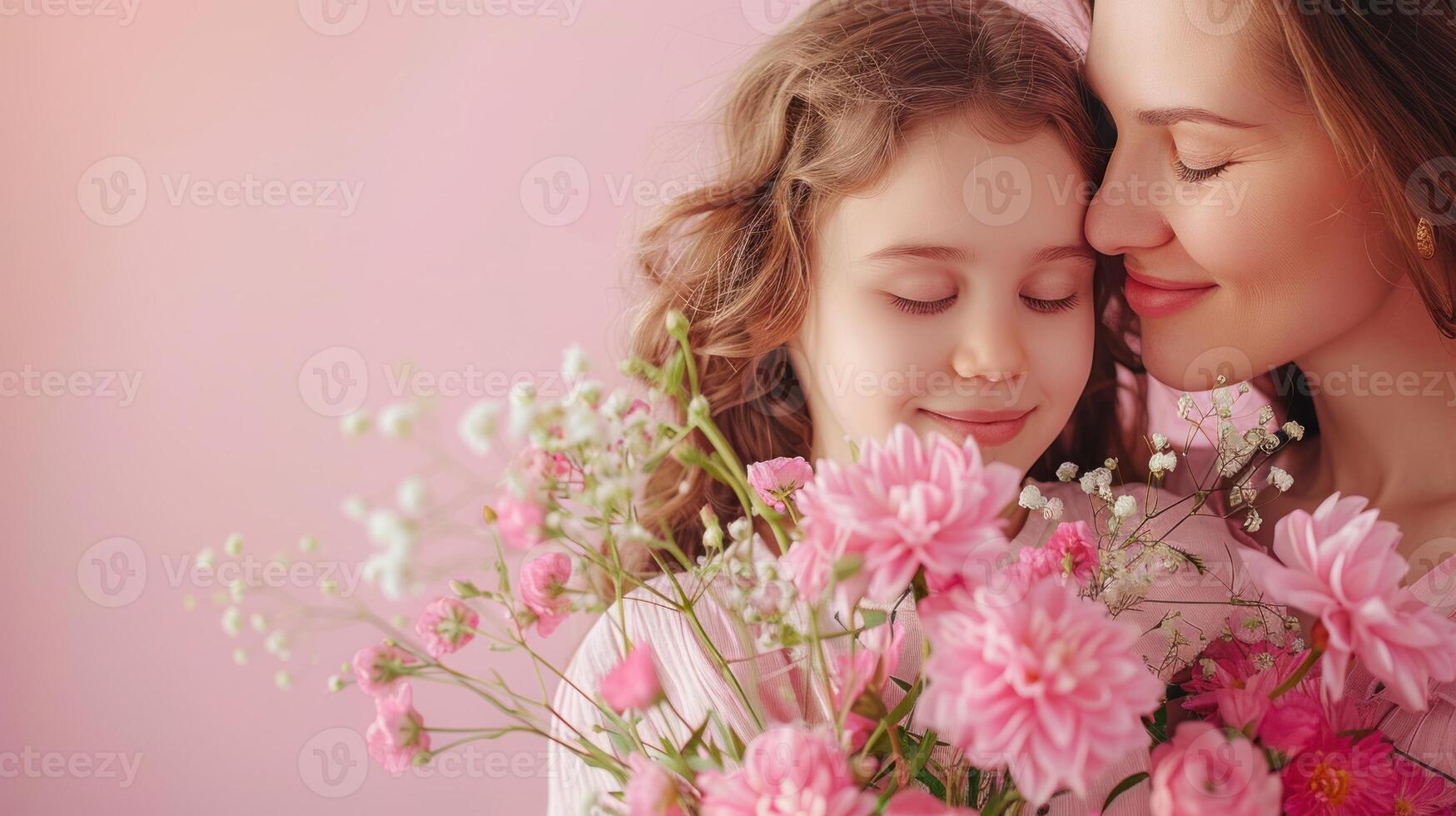 ai gegenereerd moeder knuffel haar dochter en houden boeket van bloem geïsoleerd Aan roze achtergrond foto