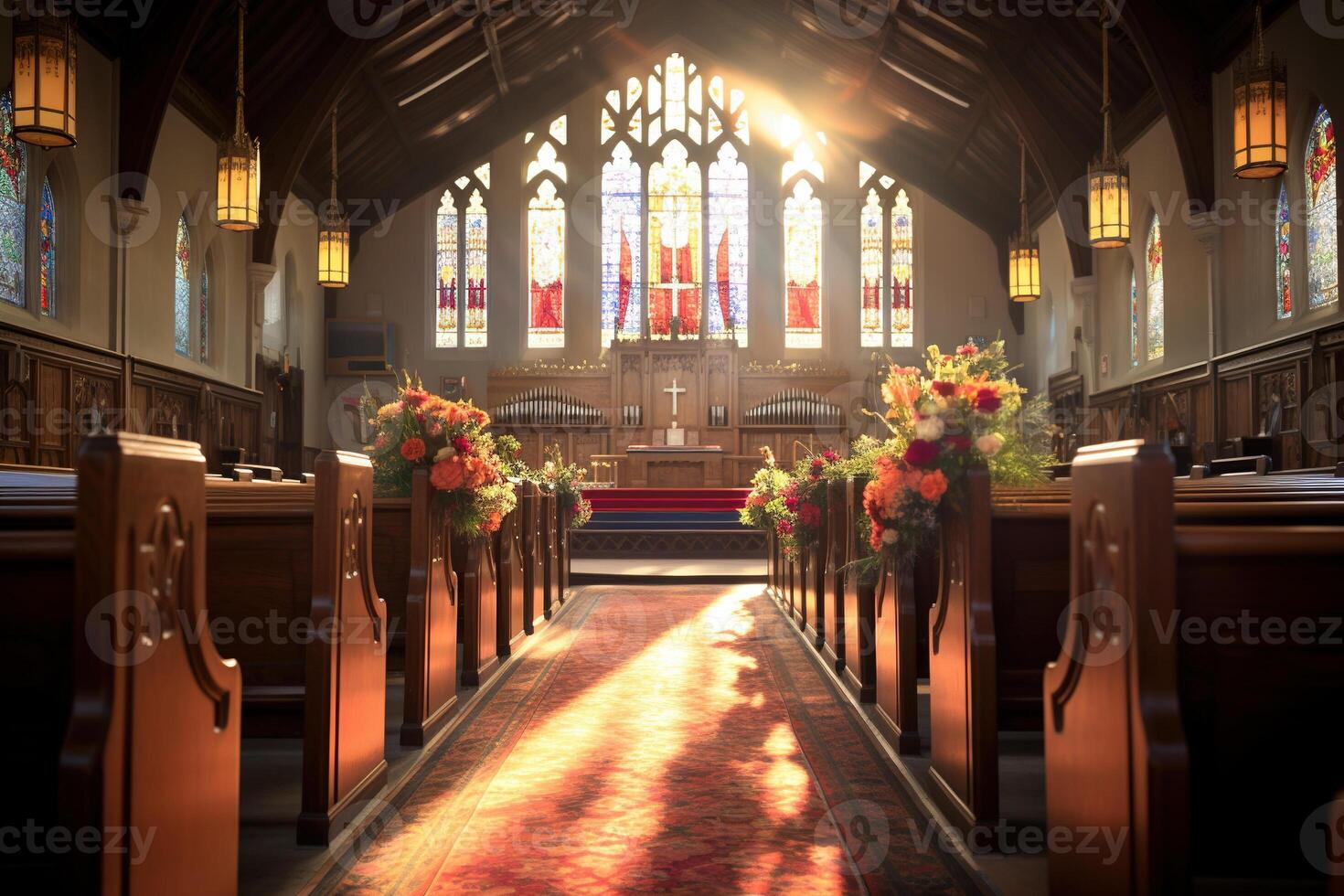 interieur van een kerk met een veel van bloemen in de voorgrond.begrafenis concept ai gegenereerd foto