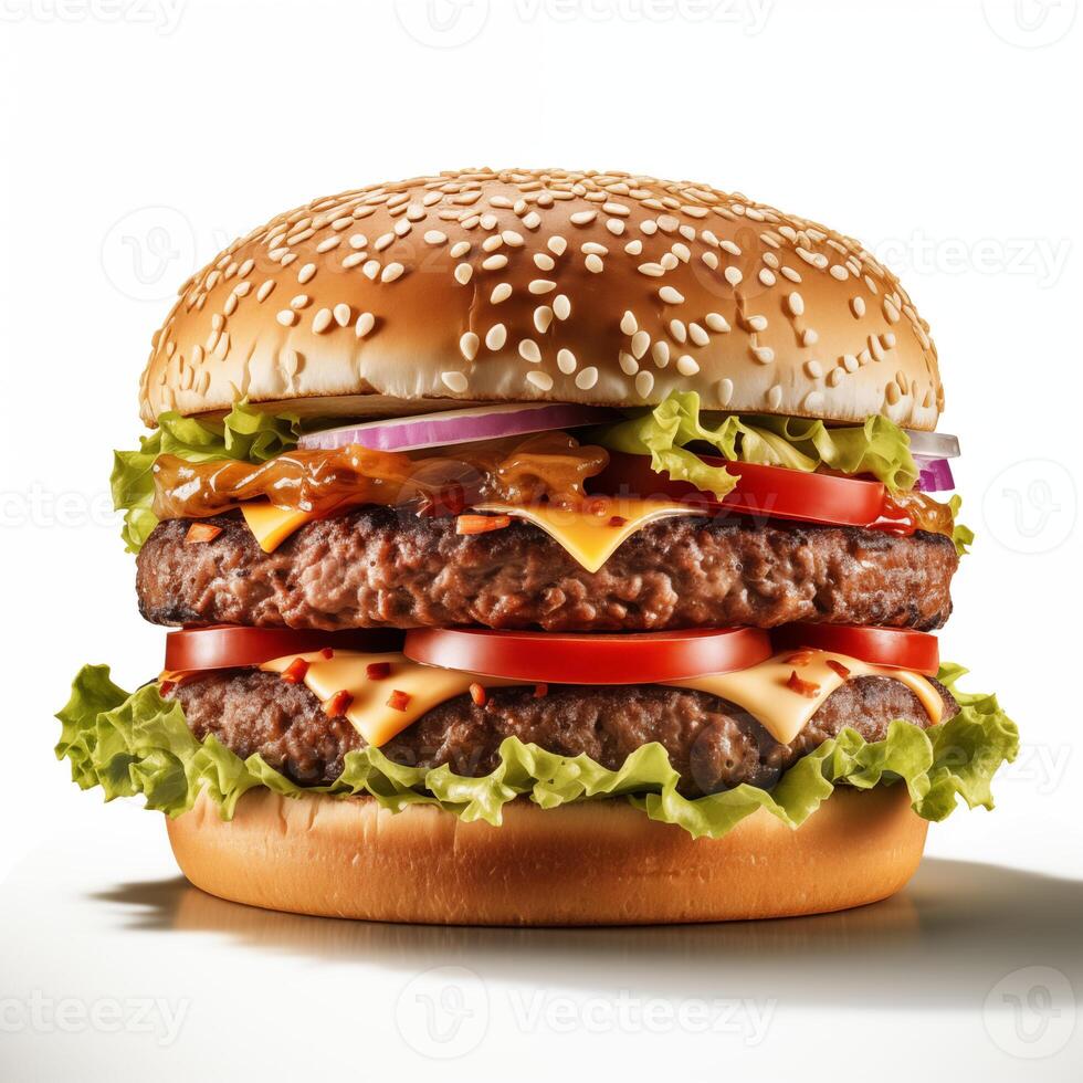 ai gegenereerd dubbele decker hamburger met allemaal de klassiek bevestigingen, inclusief sla, tomaat, kaas, en specerijen. smakelijk hamburger geïsoleerd Aan wit achtergrond. banier, ptomotion, menu foto