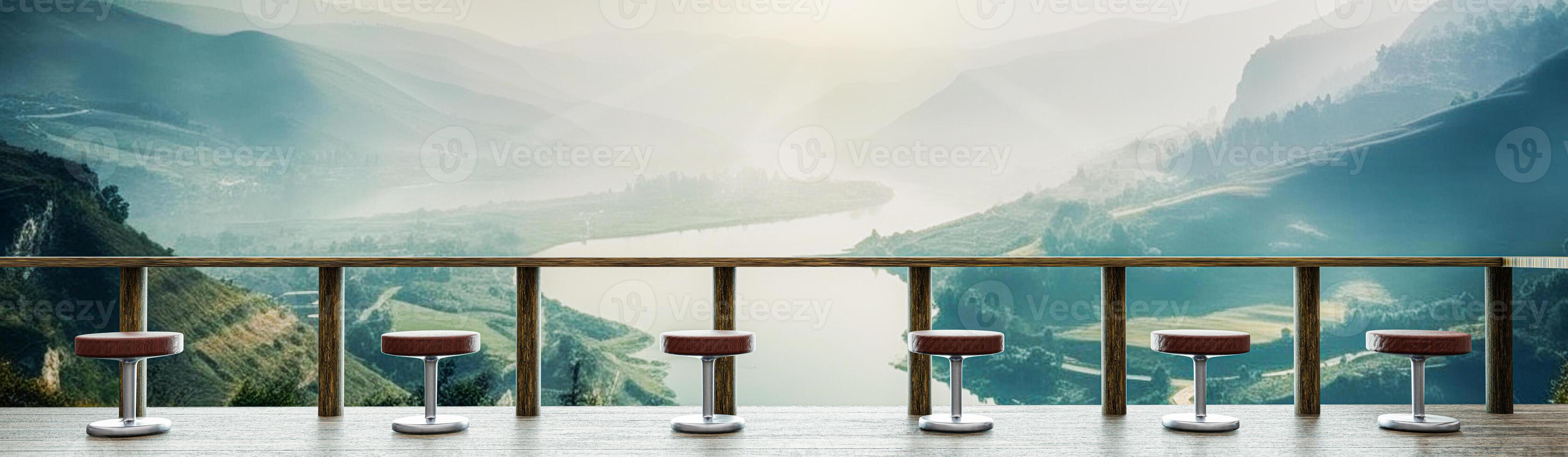 een restaurant of coffeeshop heeft een bergachtig landschap en wat ochtendmist. het zonlicht op de top van de heuvel. balkon- of terrasplankenvloeren en lange tafels van hout en hout.3D-rendering foto