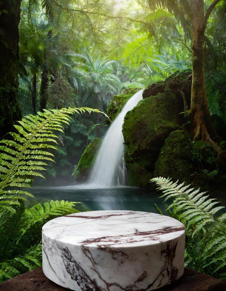 ai gegenereerd detailopname schot van podium mockup marmeren in de groen van regenwoud met varen en waterval foto