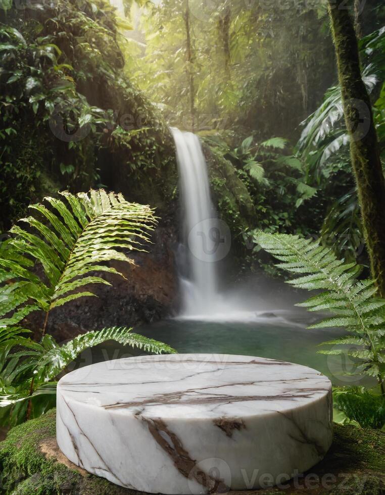 ai gegenereerd detailopname schot van podium mockup marmeren in de groen van regenwoud met varen en waterval foto