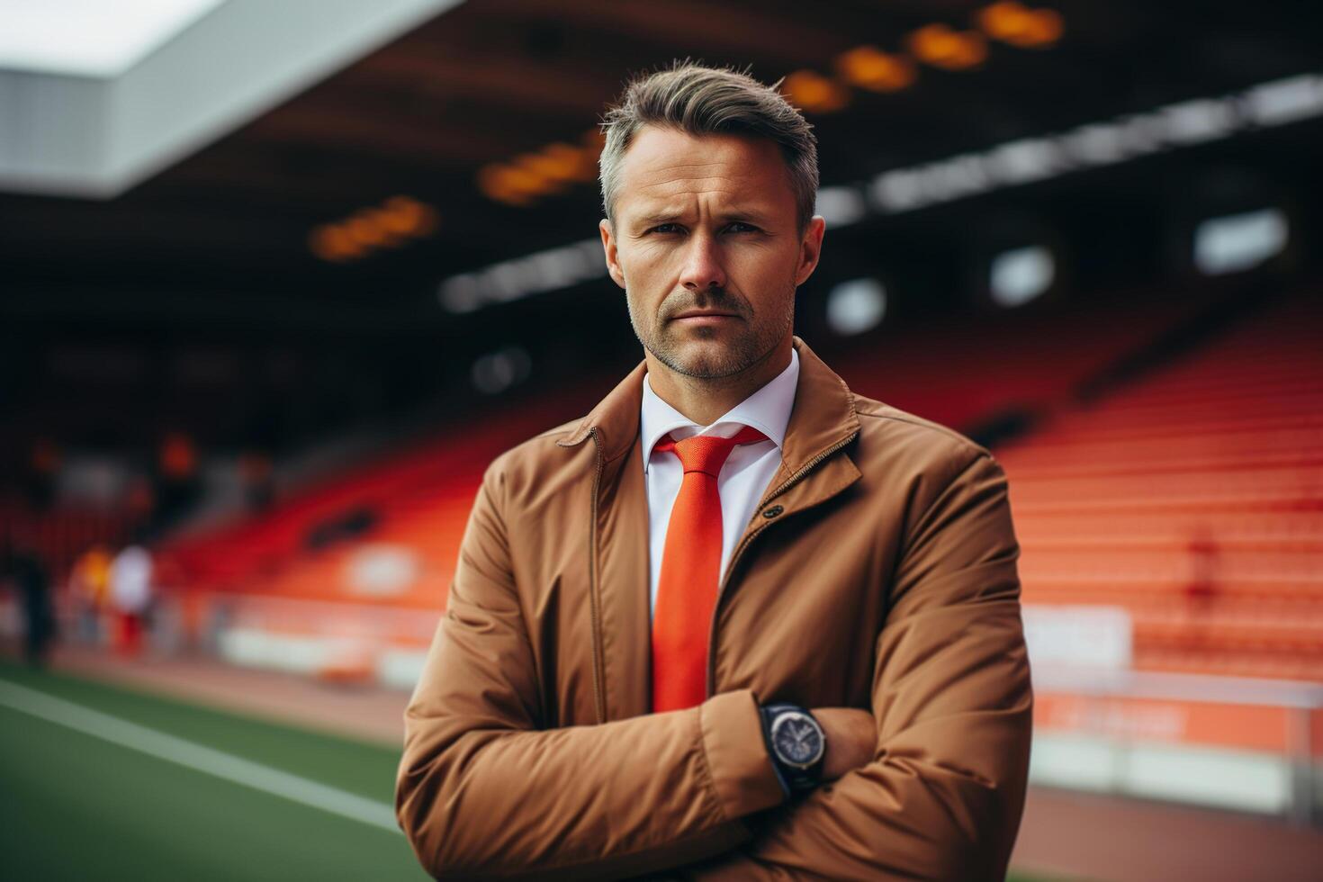 ai gegenereerd portret van een knap echt volwassen mannetje Amerikaans voetbal trainer Bij stadion met zijn armen gevouwen en op zoek Bij camera foto