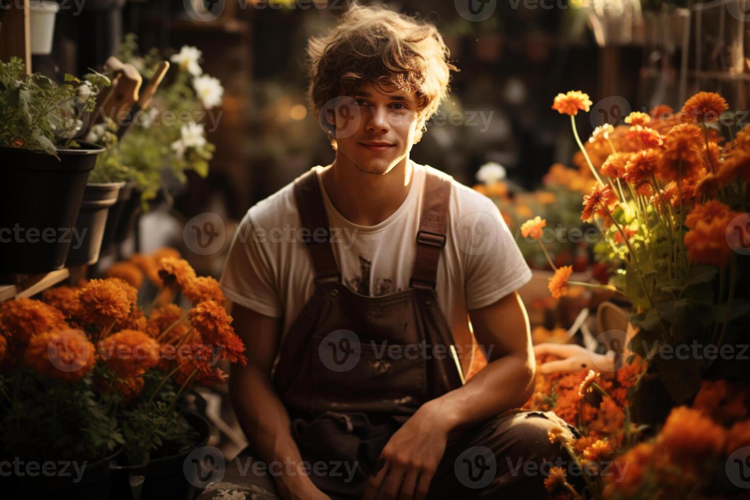 ai gegenereerd sierteelt, knap jong vent tuinman in een schort in een bloem tuin buitenshuis Aan een zonnig dag foto