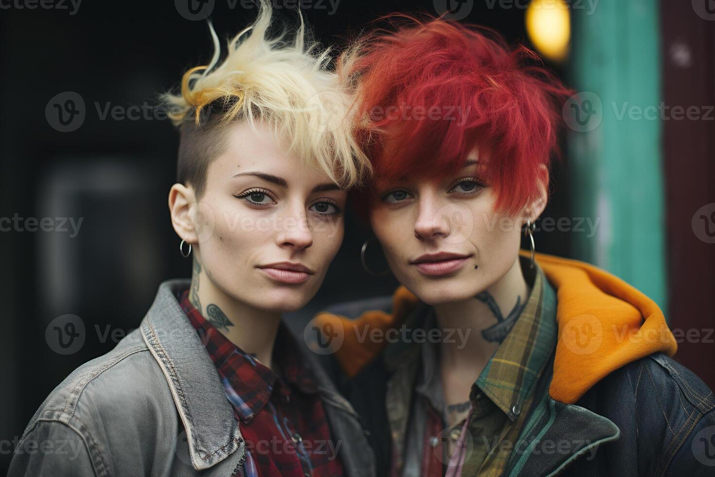 ai gegenereerd twee liefhebbend vrouw hipster vrienden met gekleurde haar- samen Aan de straat op zoek Bij camera foto