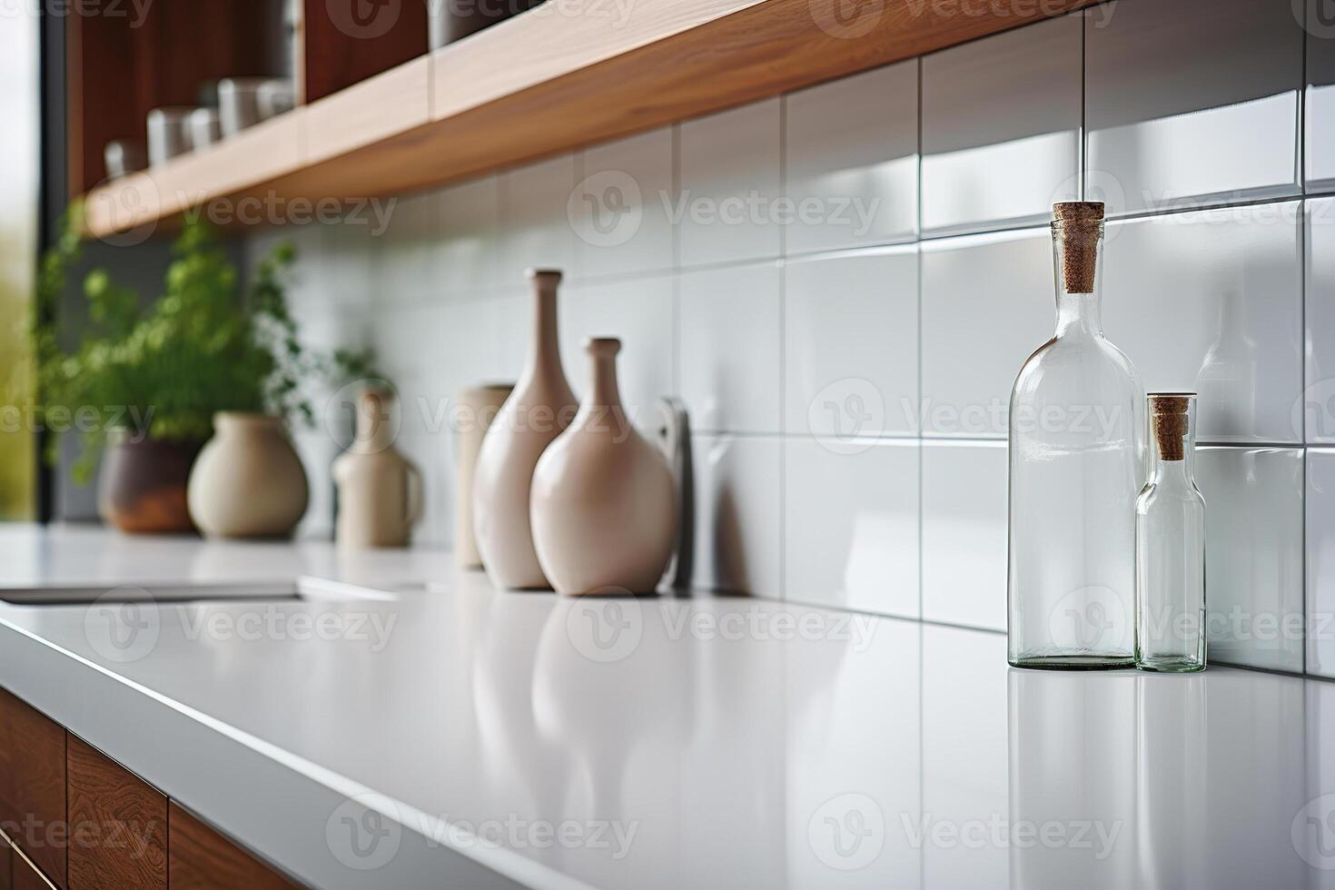 ai gegenereerd keuken meubilair, tafel en wit tegels binnenshuis interieur. perspectief, detailopname, selectief focus foto