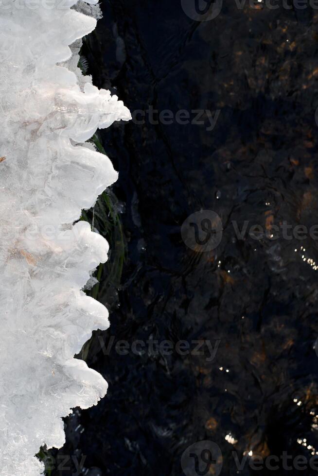 bevroren stroom. ijs in de buurt de oever. winter achtergrond, kopiëren ruimte. verticaal foto