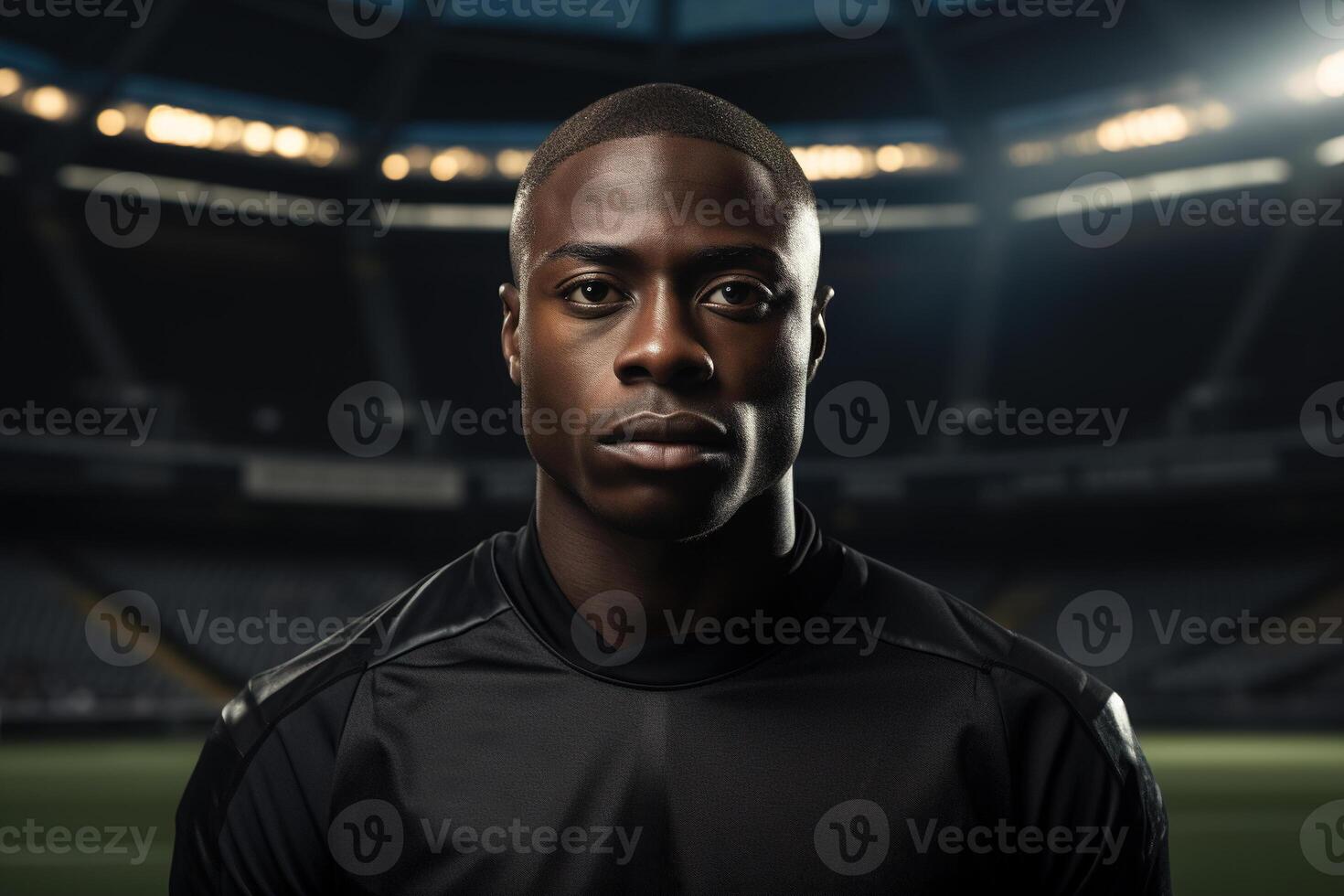 ai gegenereerd portret van een echt Afrikaanse Amerikaans mannetje atleet Bij stadion in de licht van schijnwerpers foto