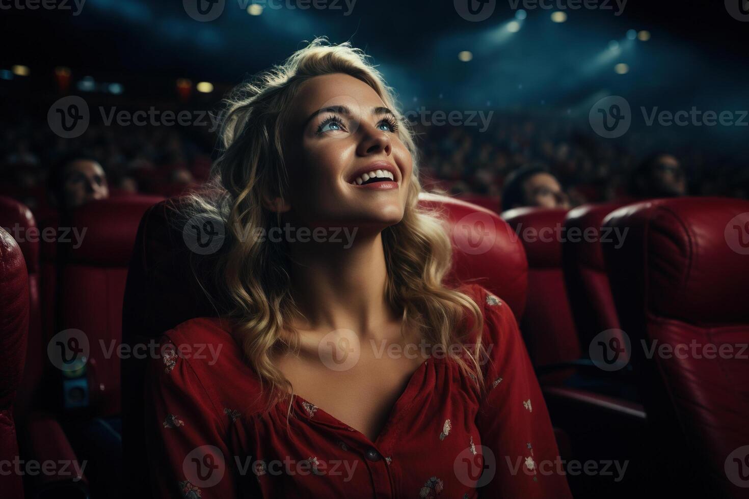 ai gegenereerd portret van een positief verrast jong vrouw aan het kijken een film in een bioscoop, Wauw emotie. amusement, vrije tijd foto