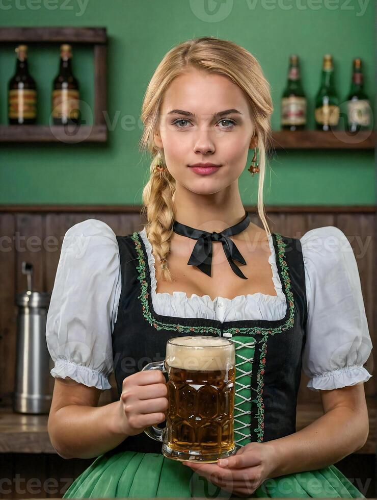 ai gegenereerd jong vrouw in traditioneel Beiers kleding - dirndl of tracht met Holding een glas van bier foto