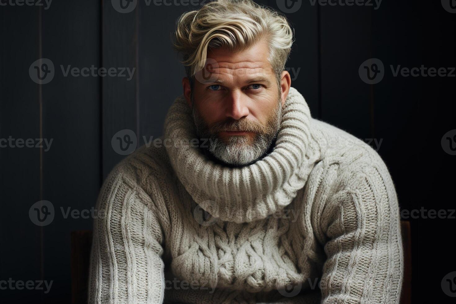 ai gegenereerd Mannen seizoensgebonden mode, stijl kleding. portret van een knap echt middelbare leeftijd Mens in een warm gebreid knus trui binnenshuis foto