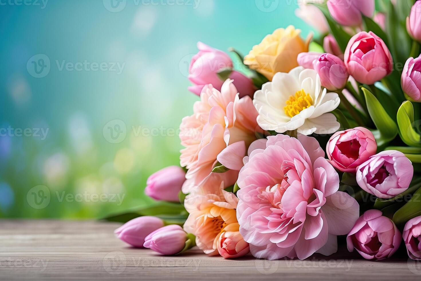 ai gegenereerd een boeket van voorjaar bloemen Aan de tafel Aan een solide achtergrond met feestelijk bokeh lichten en kopiëren ruimte. een feestelijk verjaardag kaart, maart 8e, een voorjaar geschenk. ai gegenereerd foto